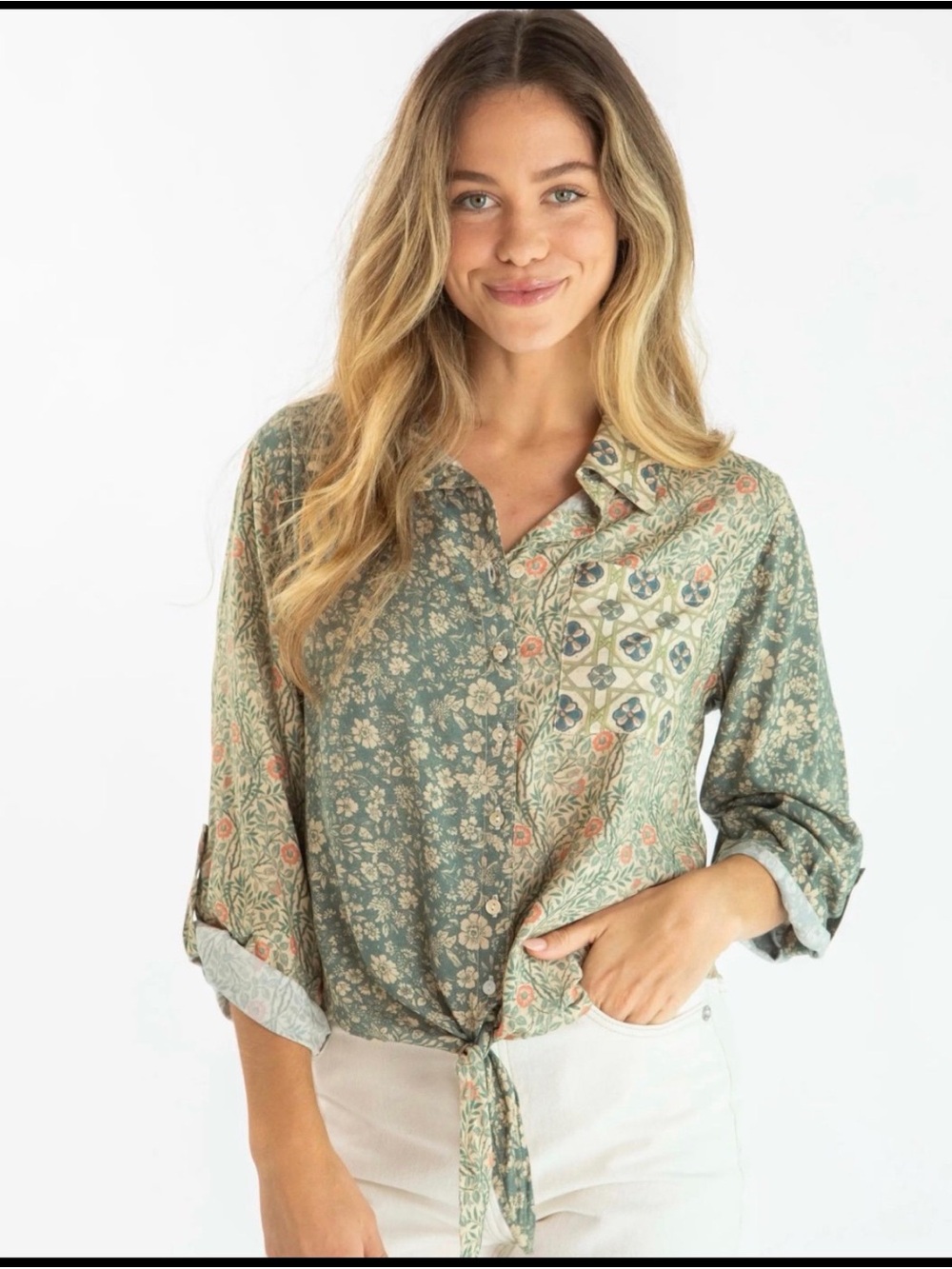 Natural Life Lola Tie Button Down Sage Bloom Blouse Floral Size XS Boho
